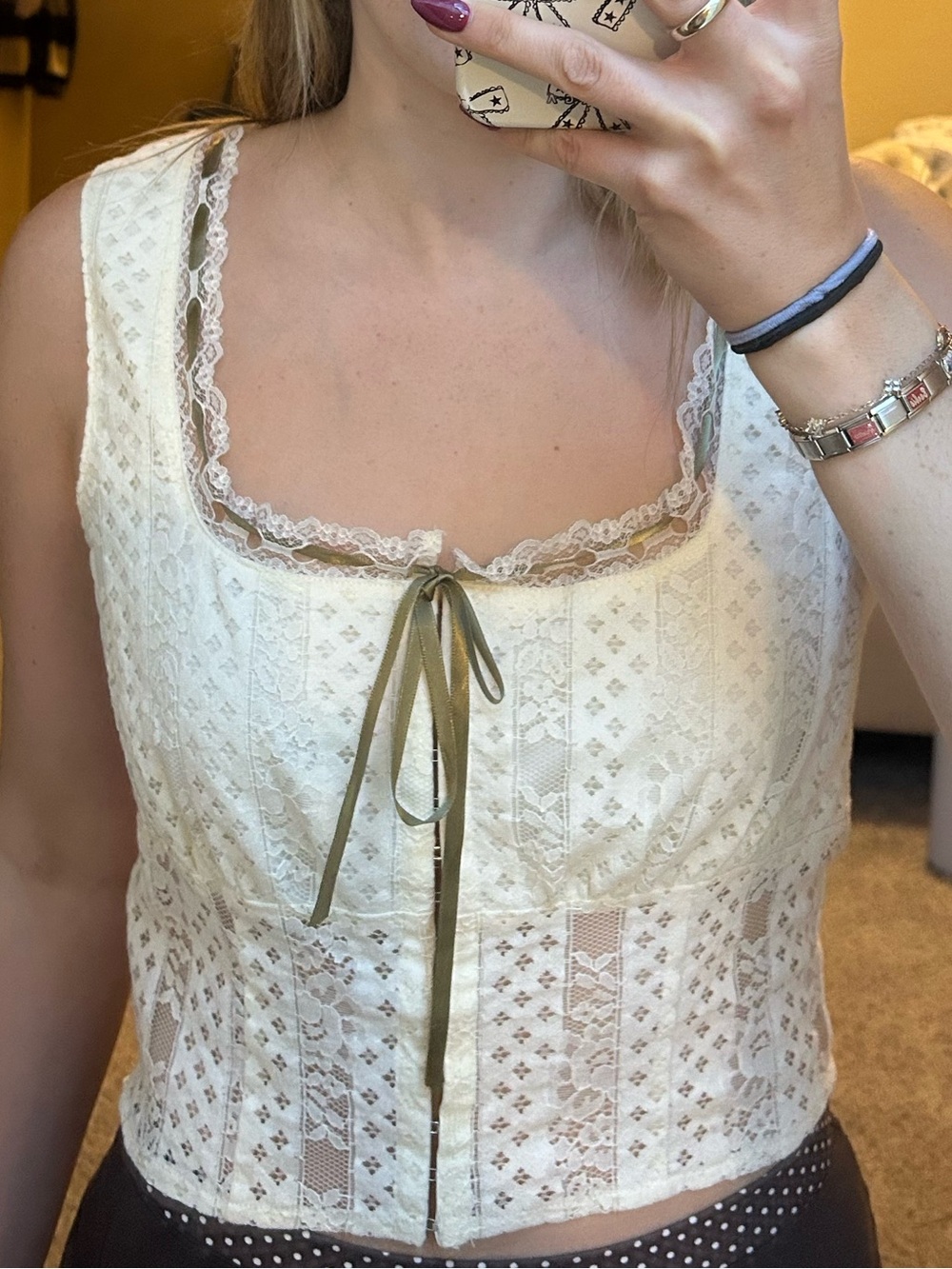 Cream Lace Tie-Front Cropped Camisole